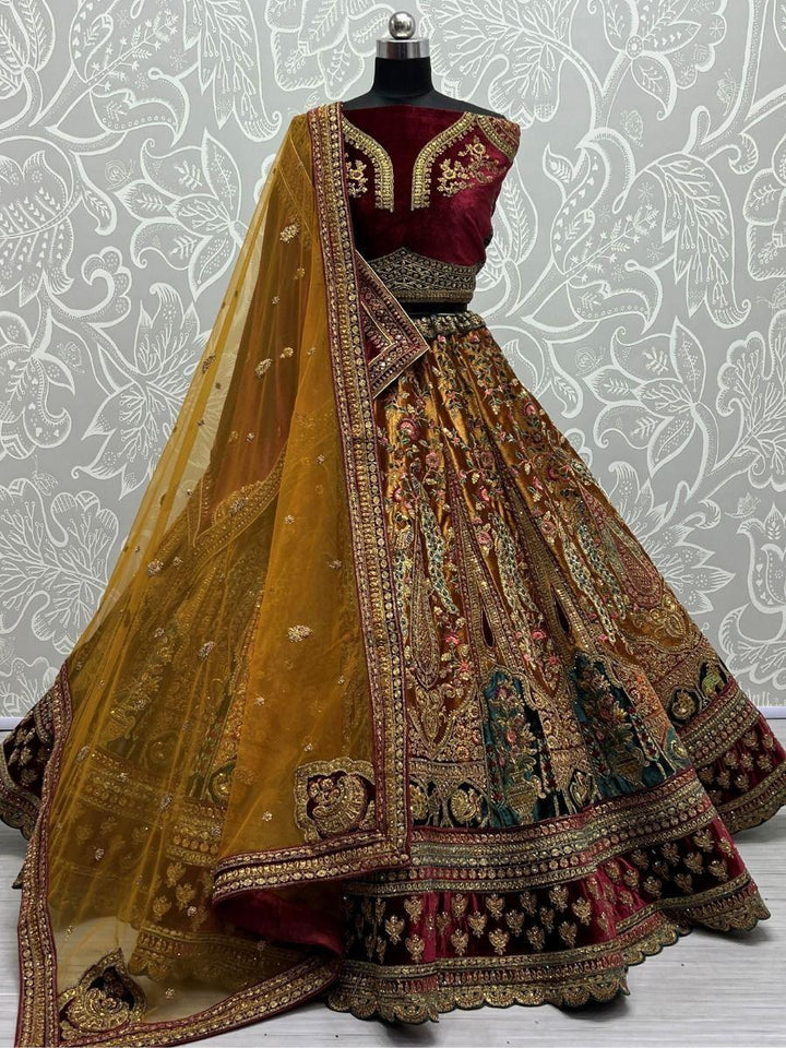 Lovely Yellow And Maroon Dori Work Velvet Bridal Lehenga Choli