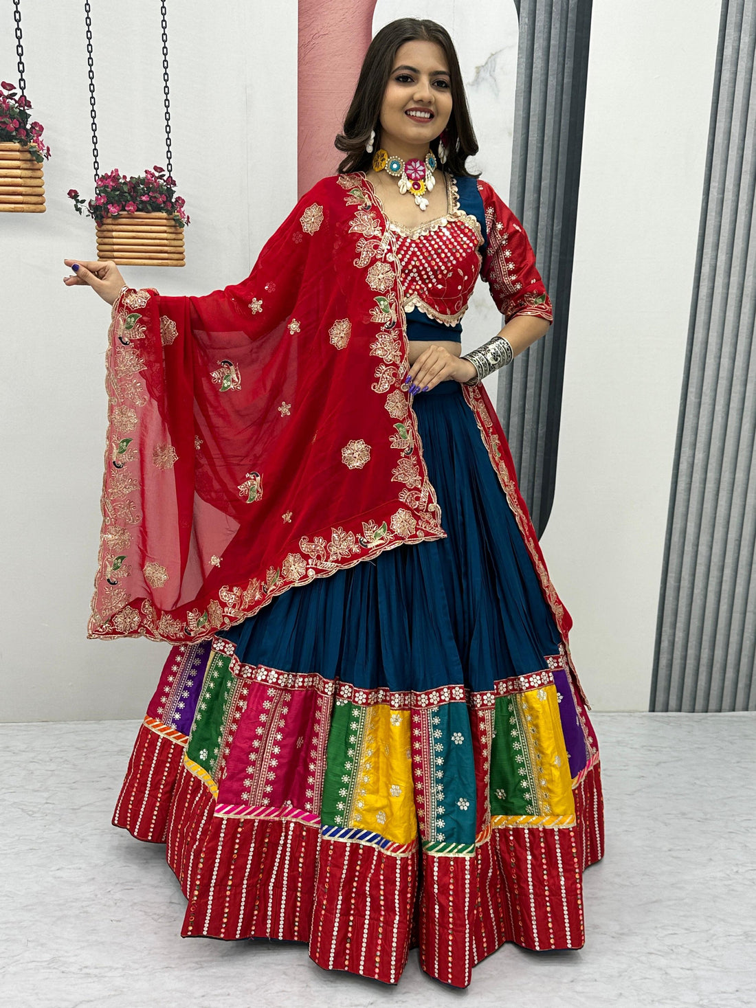 Dazzling Teal Blue Sequins Cotton Navratri Lehenga Choli With Dupatta