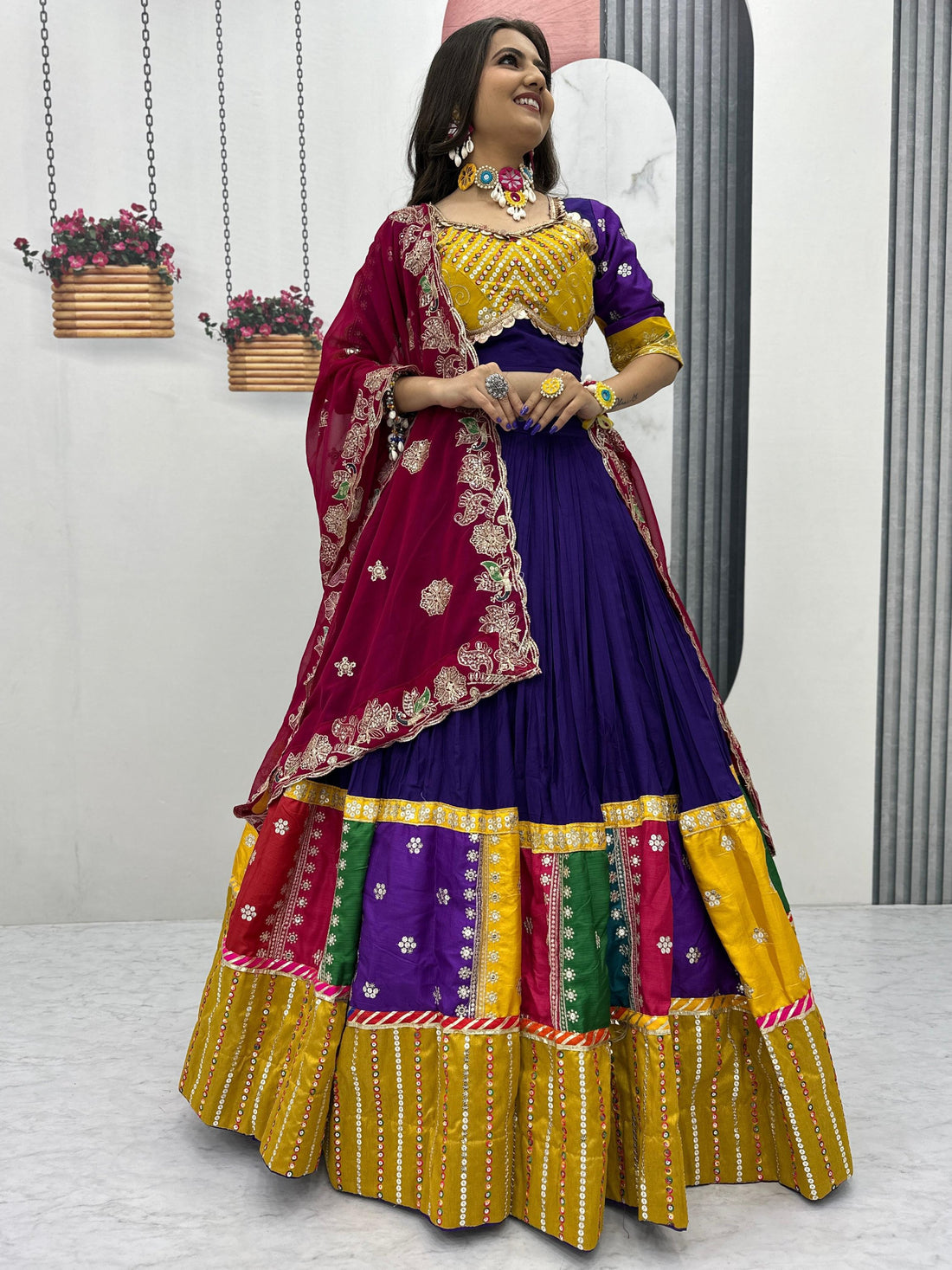 Capricious Purple Thread Embroidered Cotton Navratri Special Lehenga Choli