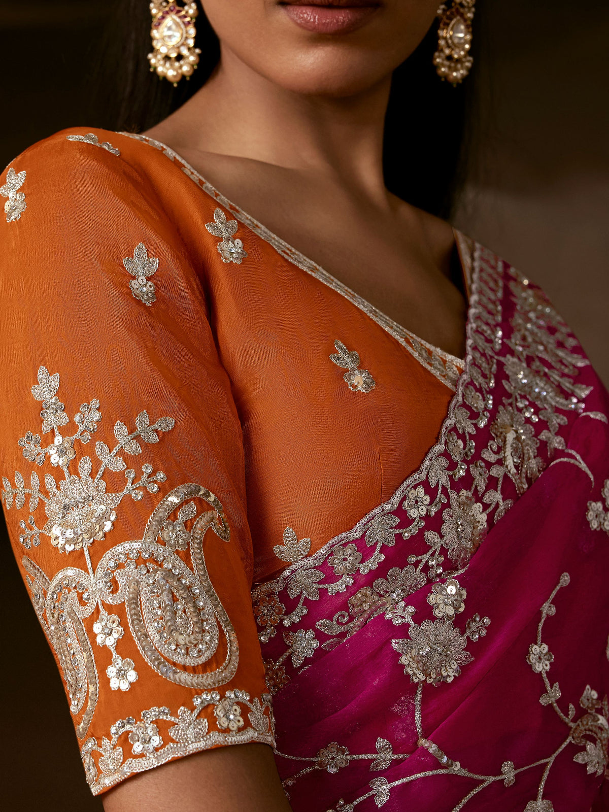 Regal Rani Pink Aari Work Organza Wedding Wear Saree