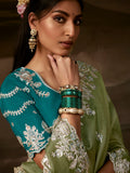 Graceful Olive Green Aari Work Organza Wedding Wear Saree