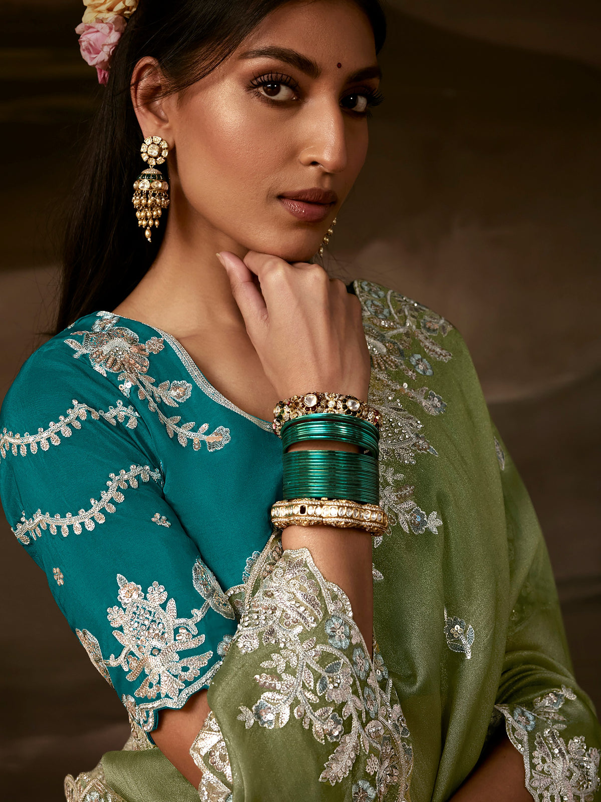 Graceful Olive Green Aari Work Organza Wedding Wear Saree