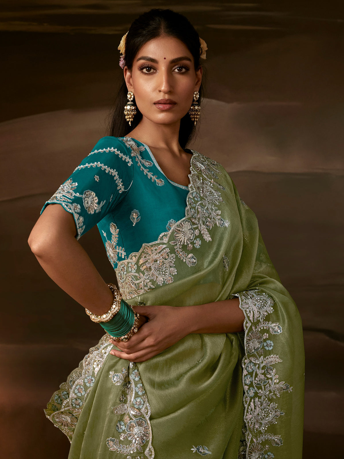 Graceful Olive Green Aari Work Organza Wedding Wear Saree