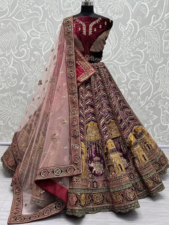 Mesmerizing Maroon Velvet Embroidered Lehenga Choli With Double Dupatta