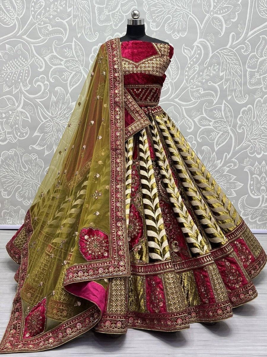 Fabulous Green Embroidered Velvet Lehenga Choli With Double Dupatta