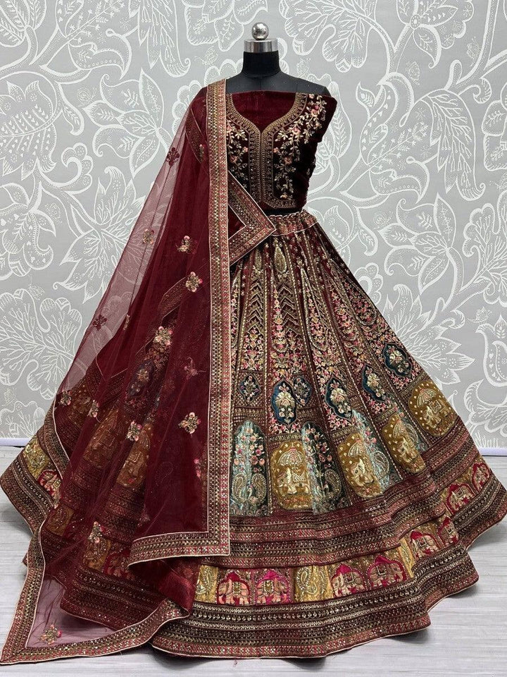 Awesome Maroon Multi-Thread Work Velvet Lehenga Choli With Double Dupatta