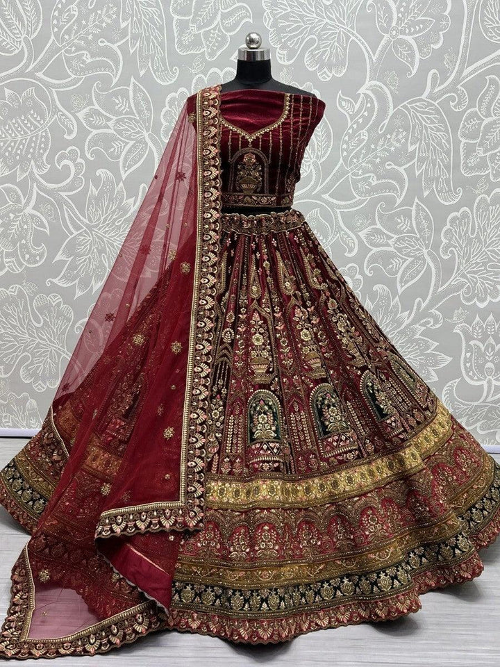 Beautiful Maroon Multi-Thread Work Velvet Bridal Lehenga Choli