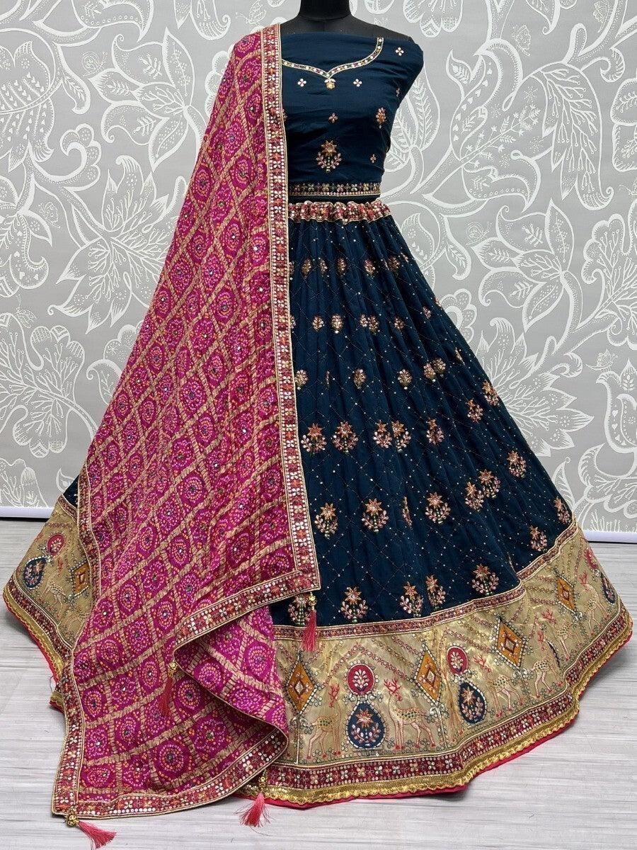Wonderful Navy Blue Sequins Silk Reception Wear Lehenga Choli