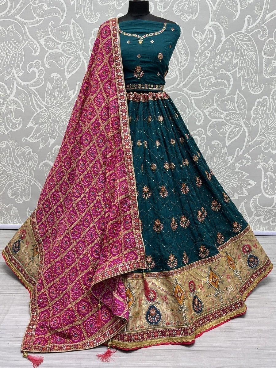 Glamorous Blue Sequins Silk Lehenga Choli With Bandhani Dupatta