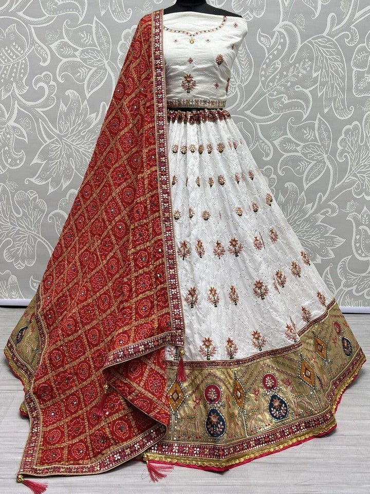 Enchanting White Sequins Silk Lehenga Choli With Bandhani Dupatta