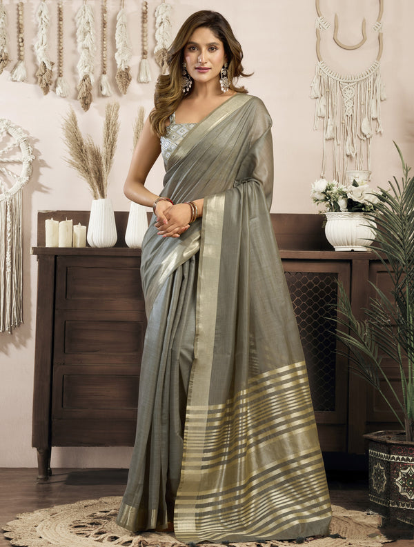 Awesome Grey Zari Weaving Cotton Casual Wear Saree With Blouse