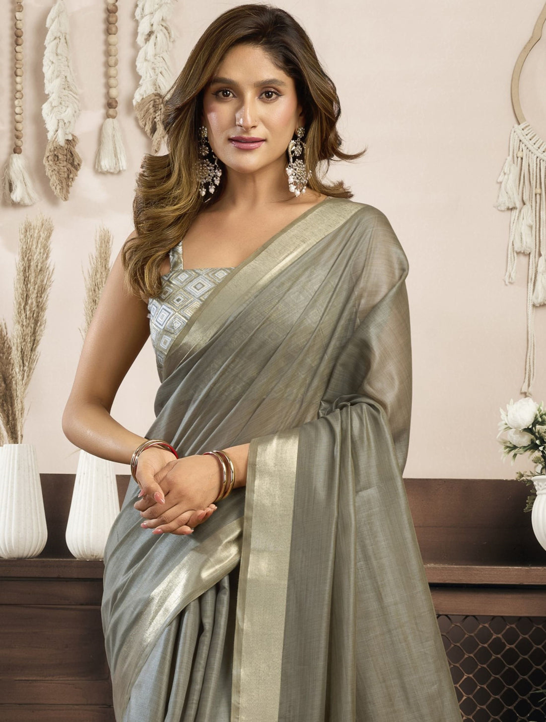 Awesome Grey Zari Weaving Cotton Casual Wear Saree With Blouse