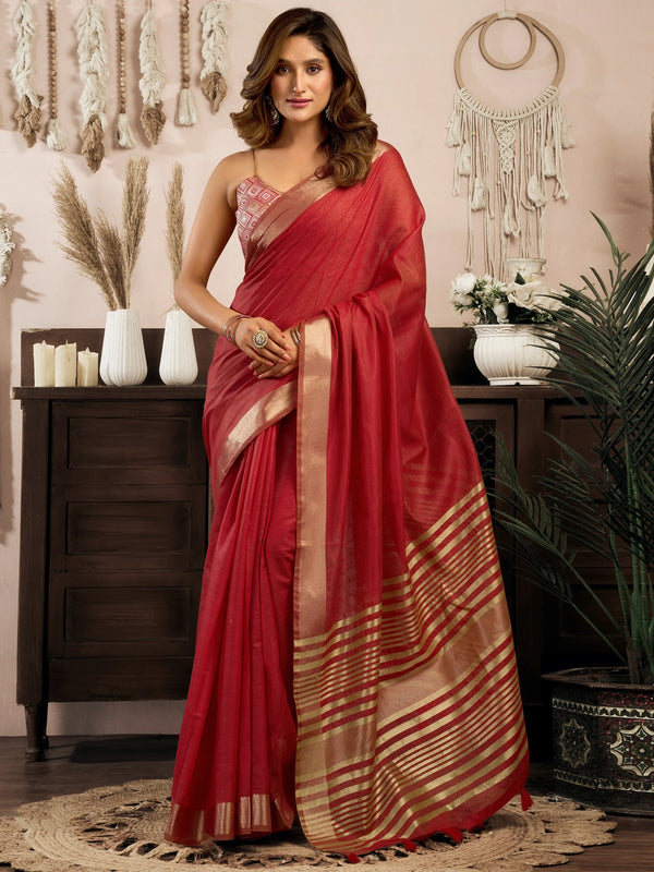 Beautiful Red Zari Weaving Cotton Function Wear Saree With Blouse