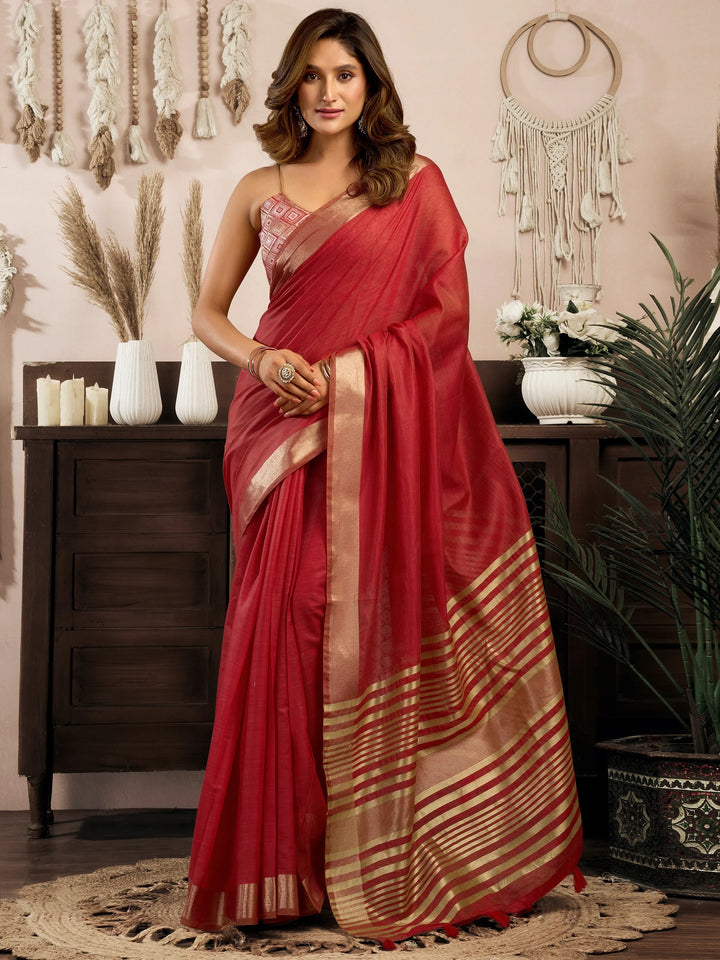 Beautiful Red Zari Weaving Cotton Function Wear Saree With Blouse