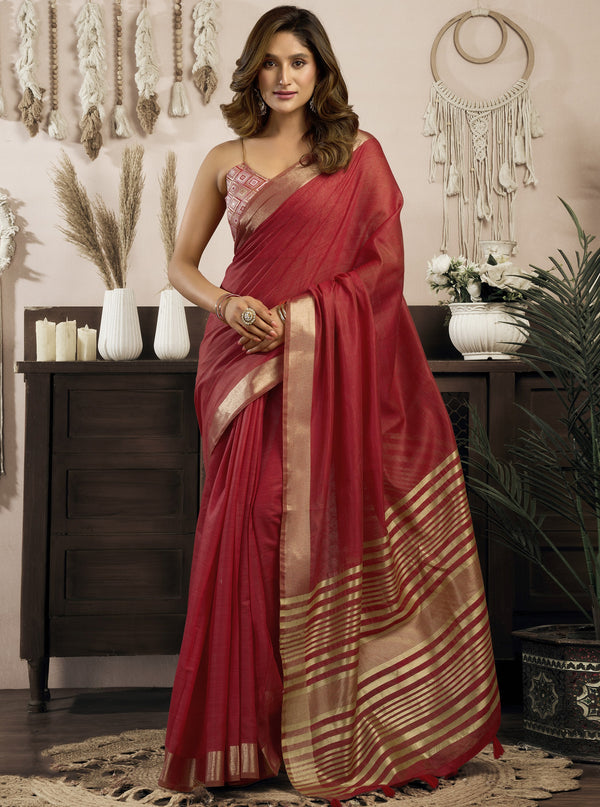 Beautiful Red Zari Weaving Cotton Function Wear Saree With Blouse