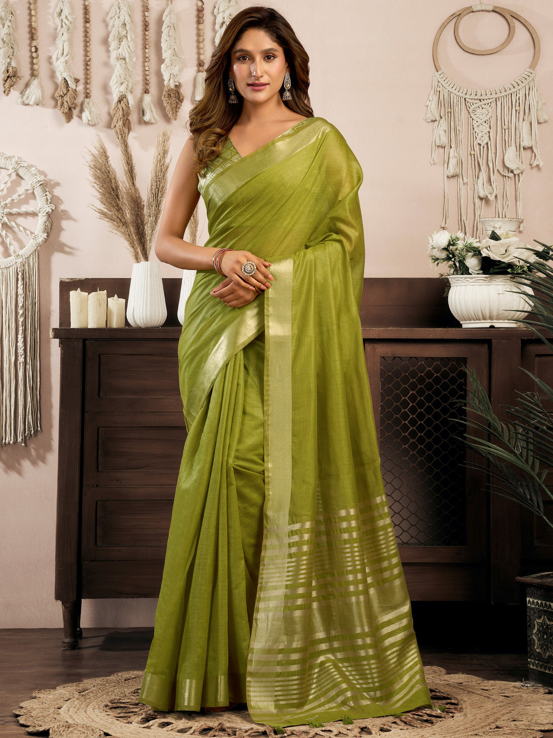 Outstanding Olive Green Zari Weaving Cotton  Festival Wear Saree With Blouse
