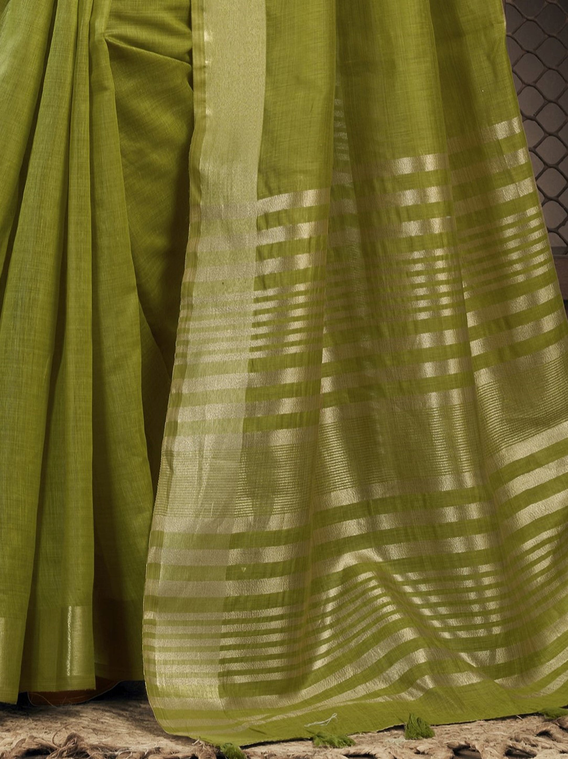 Outstanding Olive Green Zari Weaving Cotton  Festival Wear Saree With Blouse