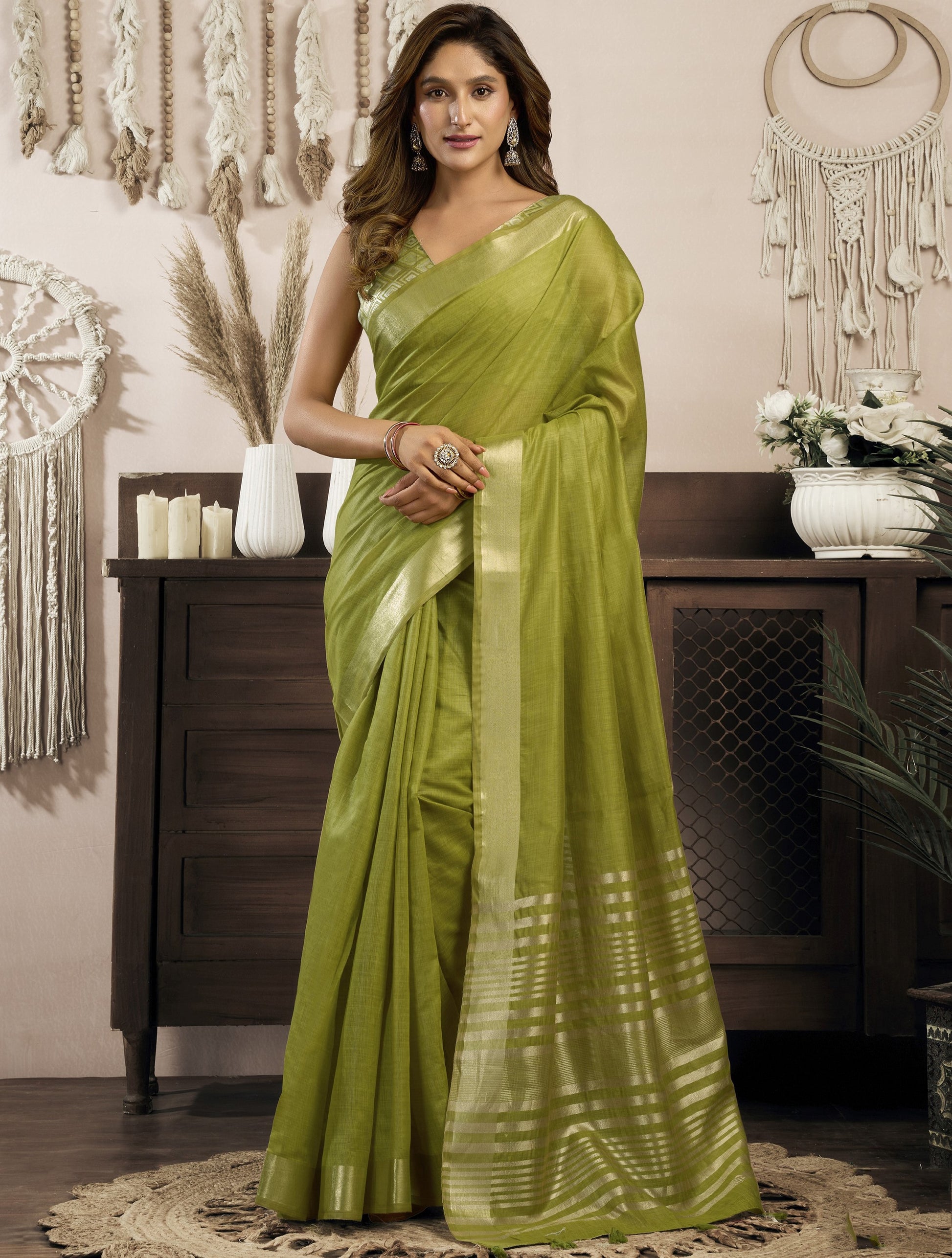 Outstanding Olive Green Zari Weaving Cotton  Festival Wear Saree With Blouse