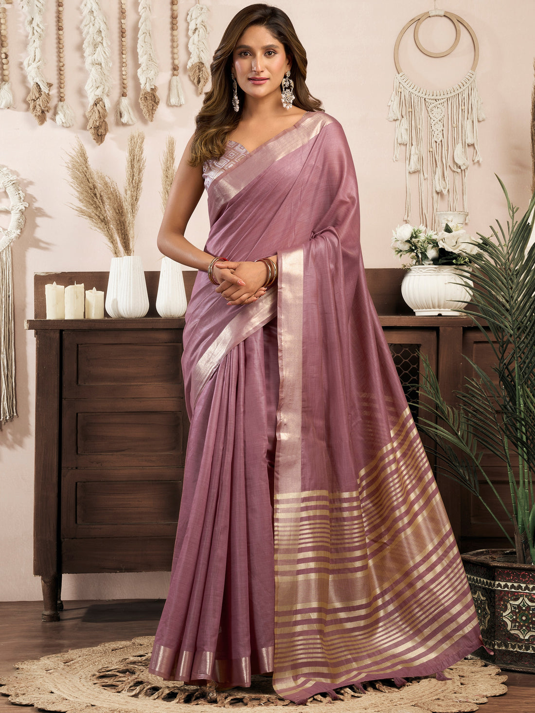 Gorgeous Mauve Pink Zari Weaving Khadi Casual Wear Saree With Blouse
