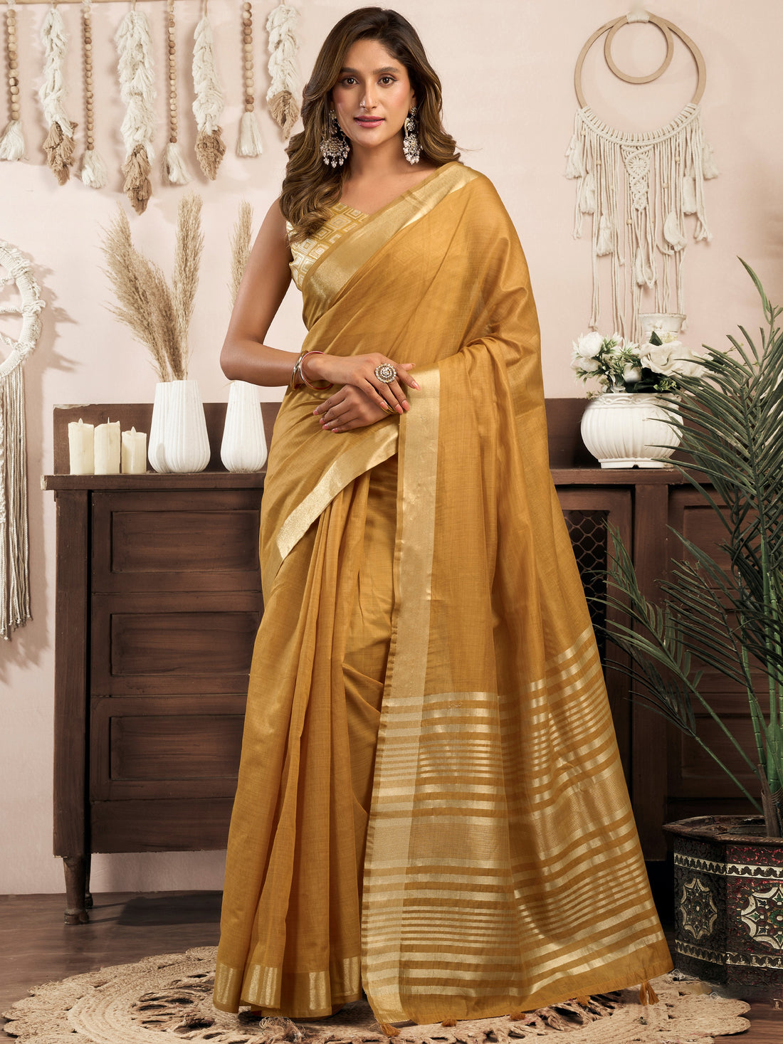 Adorable Mustard Yellow Zari Weaving Khadi Office Wear Saree With Blouse