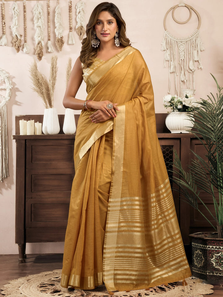 Adorable Mustard Yellow Zari Weaving Khadi Office Wear Saree With Blouse