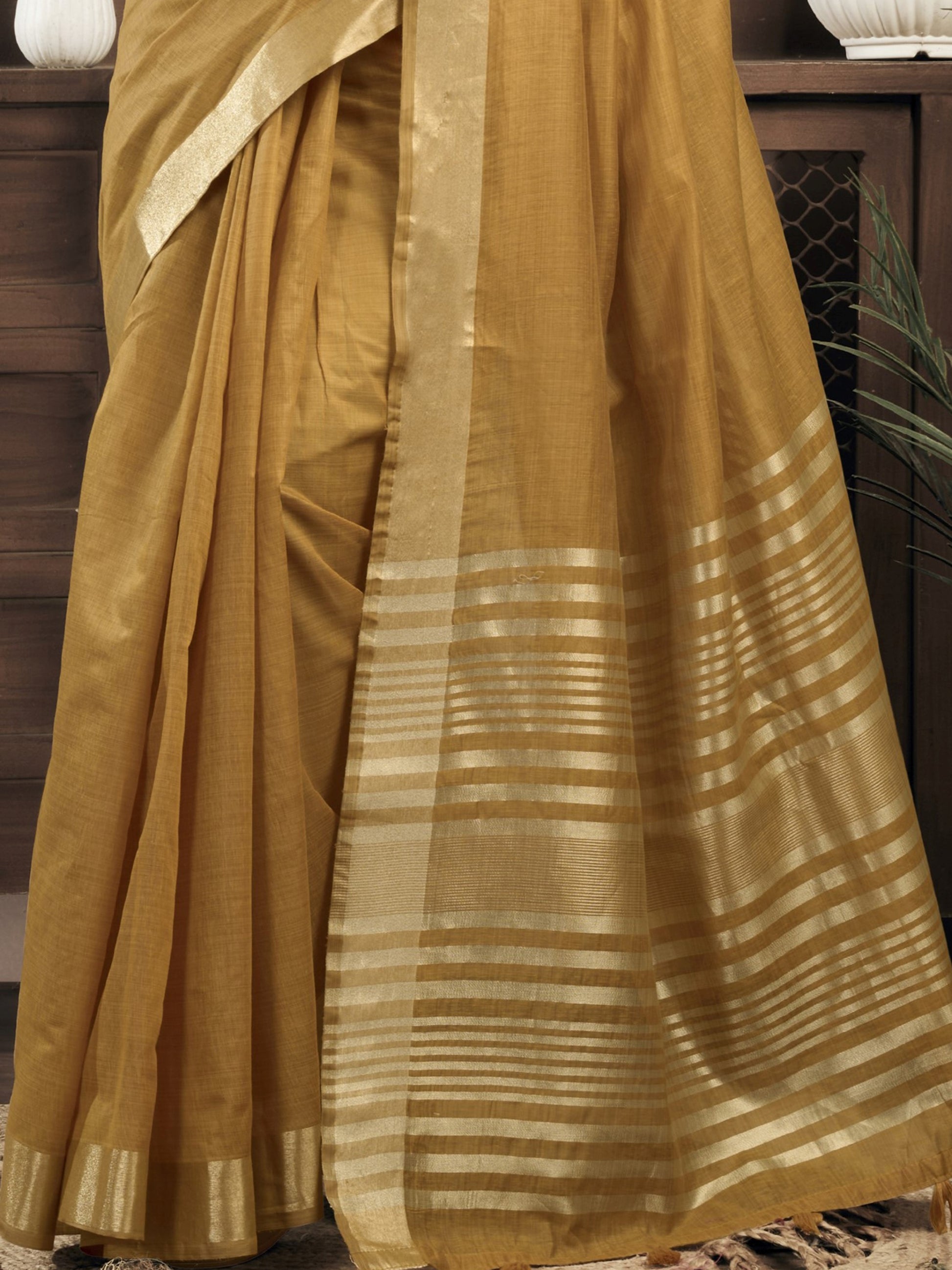 Adorable Mustard Yellow Zari Weaving Khadi Office Wear Saree With Blouse