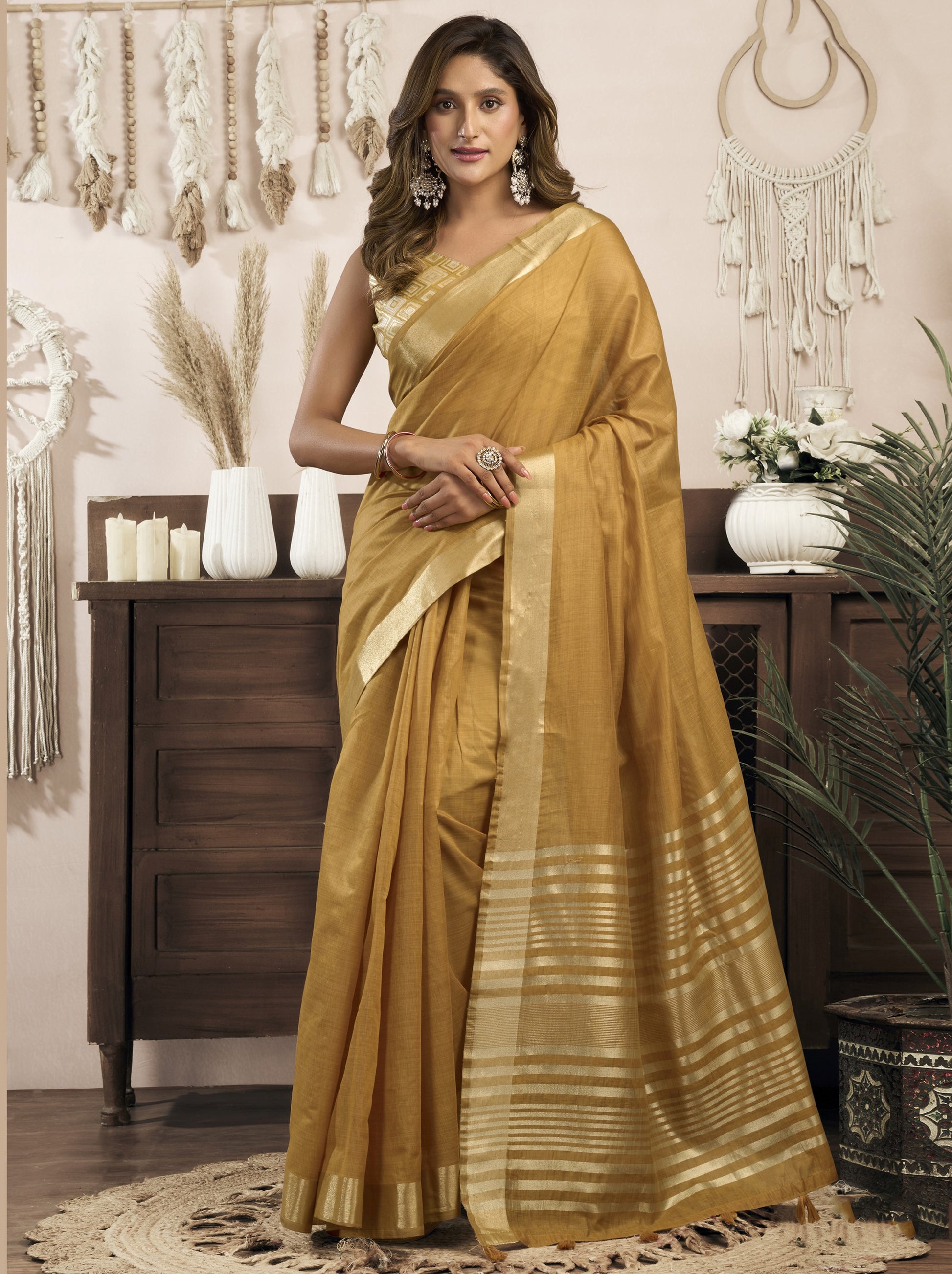 Adorable Mustard Yellow Zari Weaving Khadi Office Wear Saree With Blouse