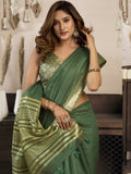 Precious Green Zari Weaving Cotton Casual Wear Saree With Blouse