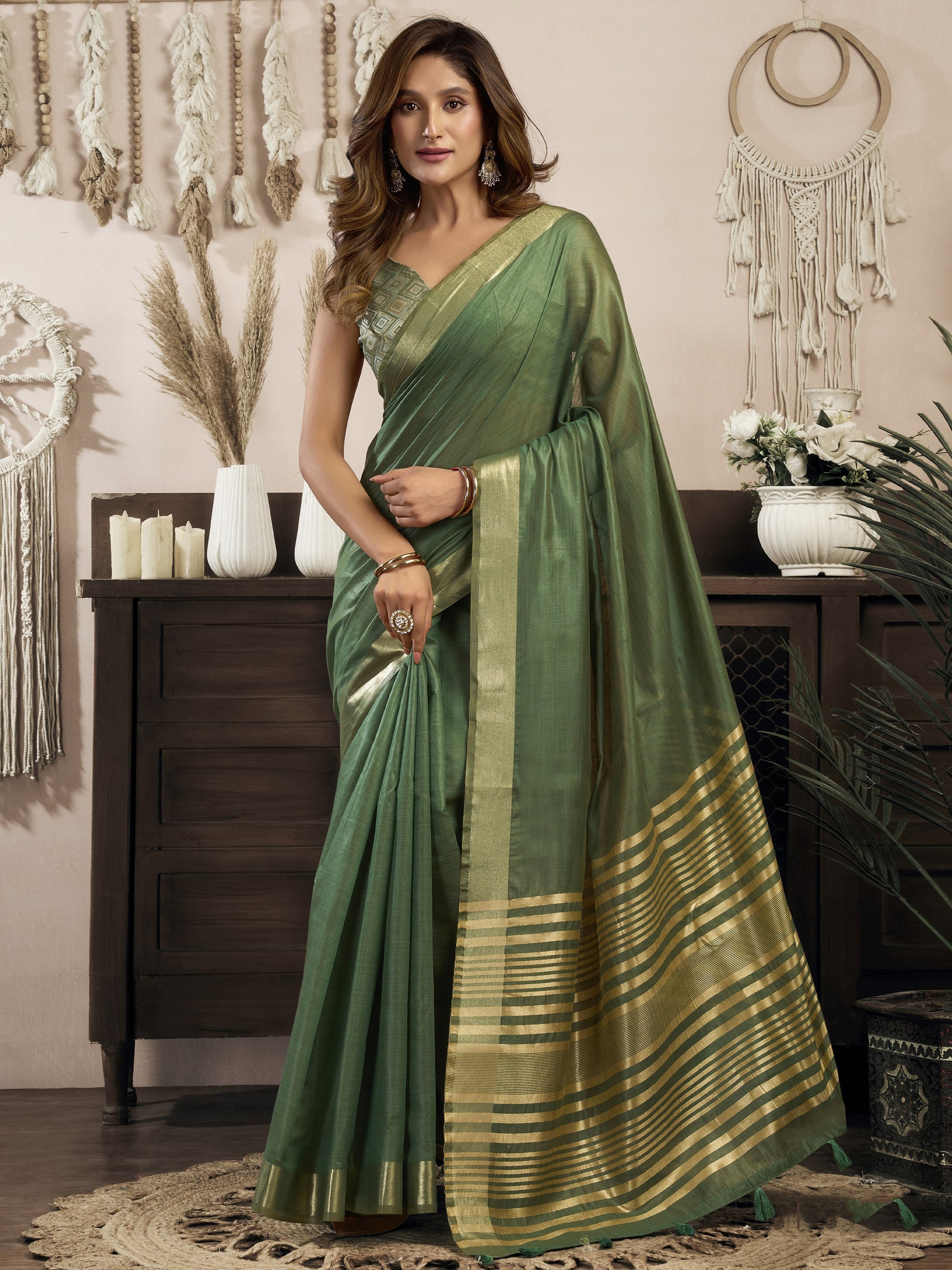 Precious Green Zari Weaving Cotton Casual Wear Saree With Blouse