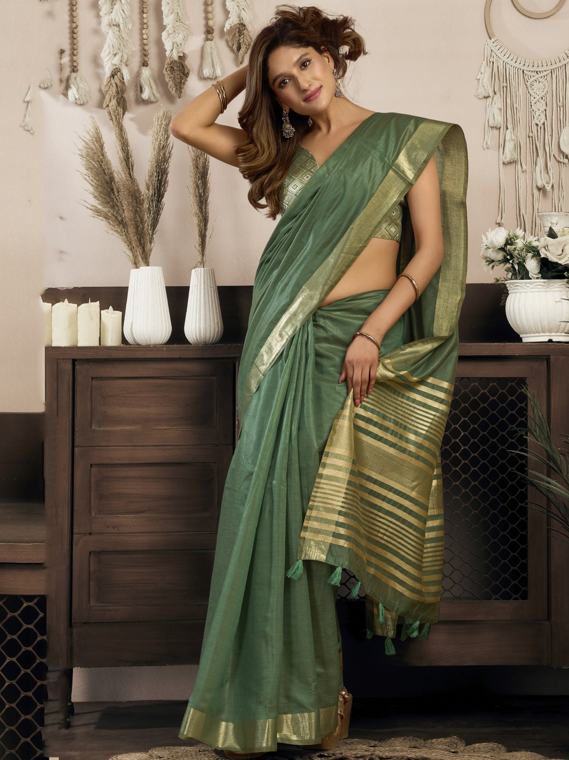 Precious Green Zari Weaving Cotton Casual Wear Saree With Blouse