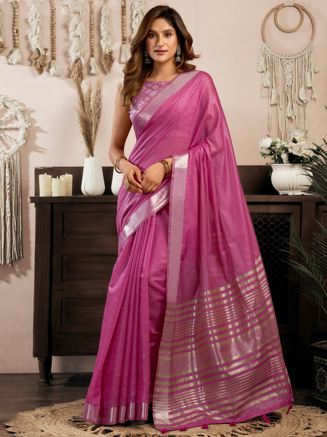 Alluring Rani Pink Zari Weaving Cotton Function Wear Saree With Blouse