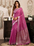 Alluring Rani Pink Zari Weaving Cotton Function Wear Saree With Blouse