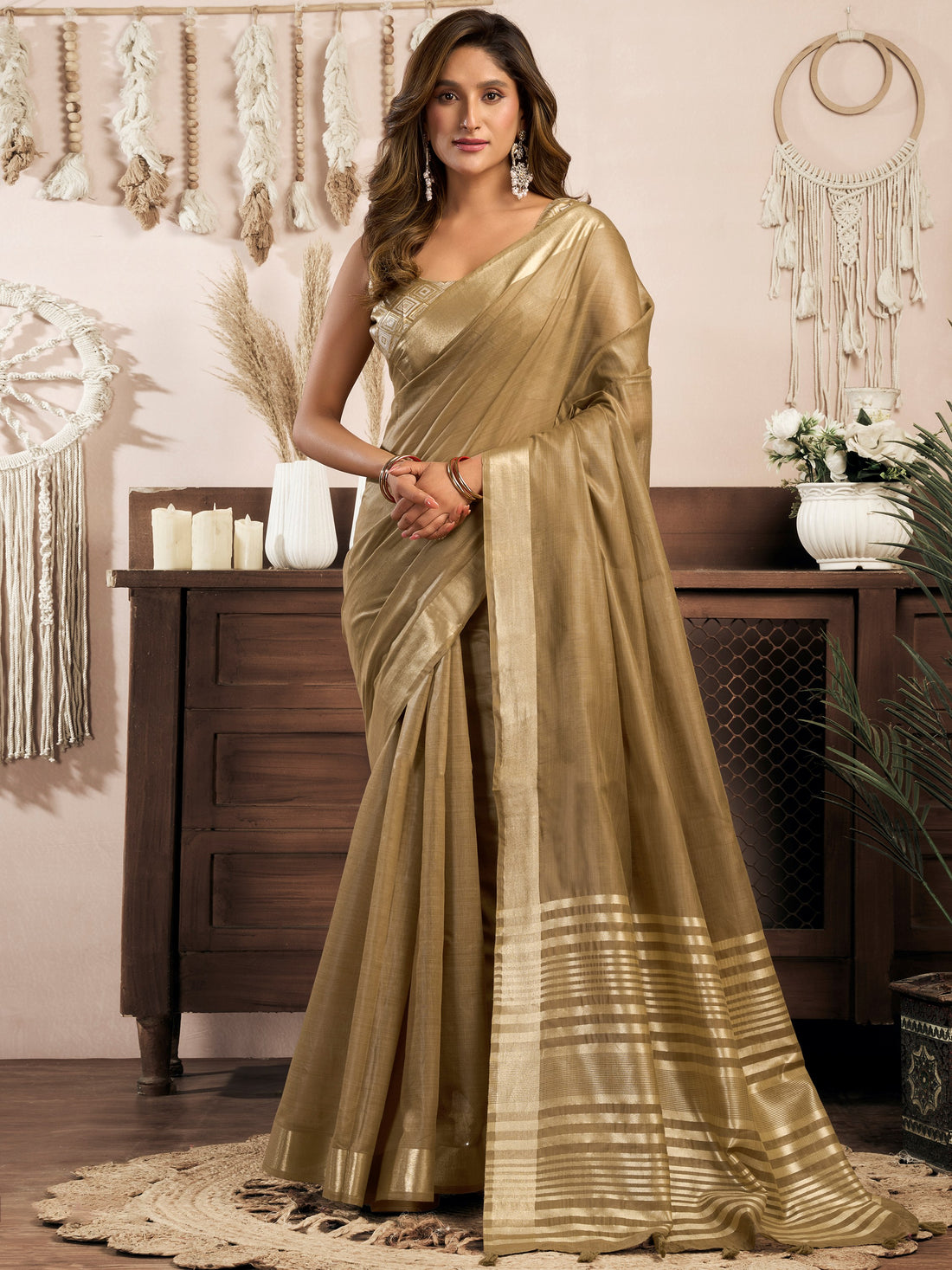 Awesome Golden Zari Weaving Khadi Office Wear Saree With Blouse