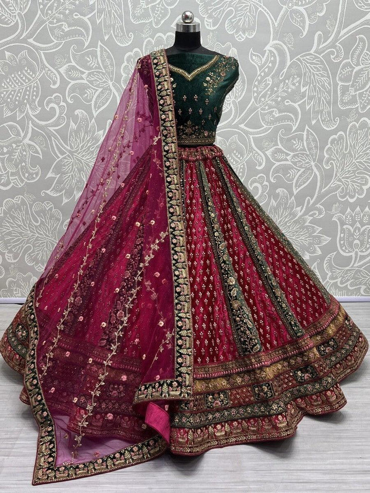 Enticing Pink & Green Embroidered Velvet Bridal Lehenga Choli