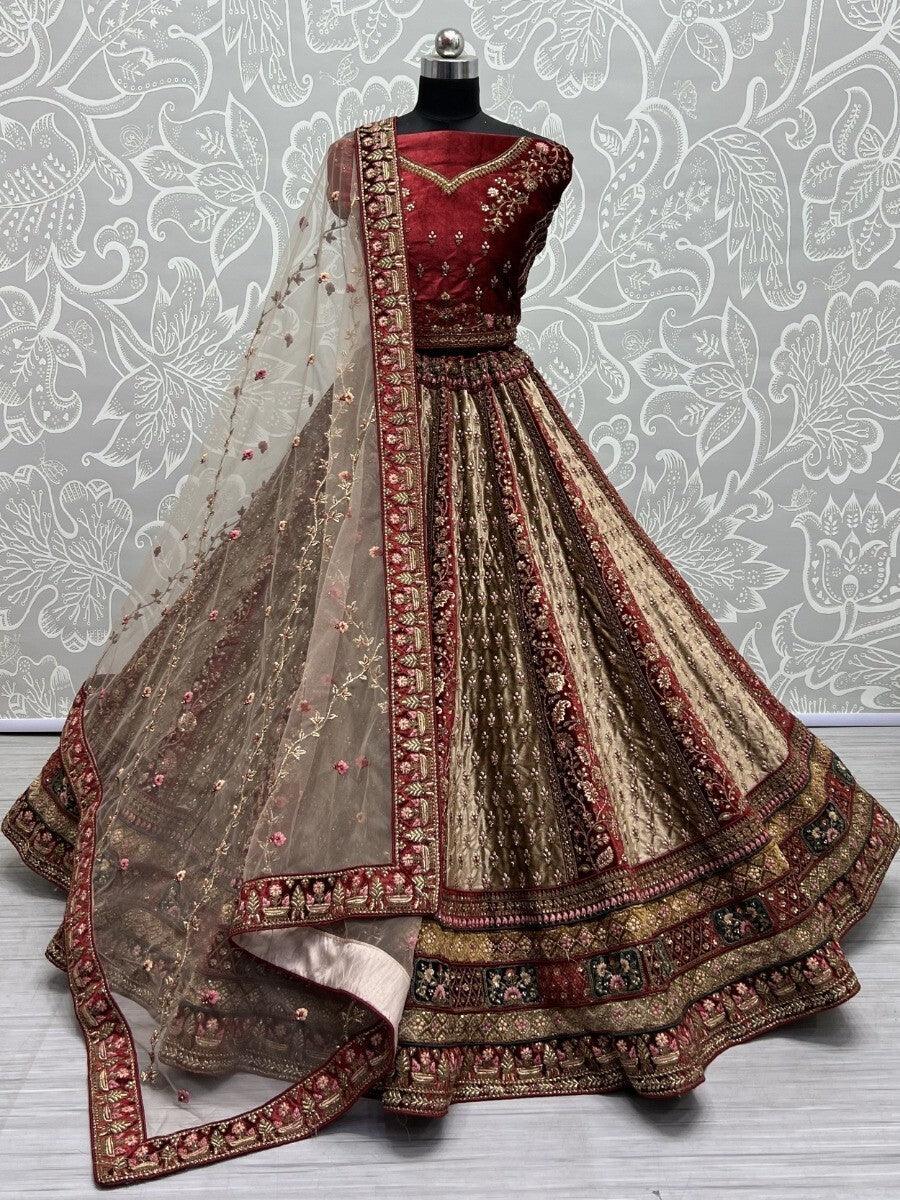 Adorable Beige & Maroon Multi-Thread Work Velvet Bridal Lehenga Choli