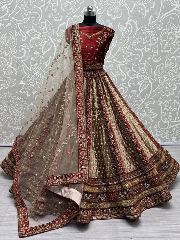 Adorable Beige & Maroon Multi-Thread Work Velvet Bridal Lehenga Choli