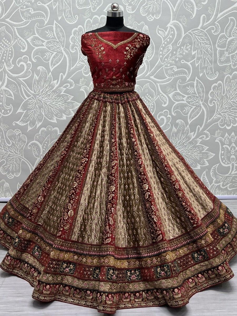 Adorable Beige & Maroon Multi-Thread Work Velvet Bridal Lehenga Choli