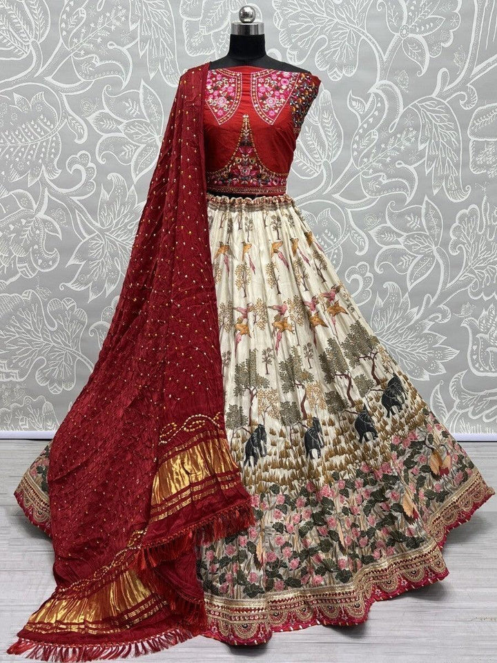 Superb Off-White Digital Print Silk Lehenga Choli With Bandhani Dupatta