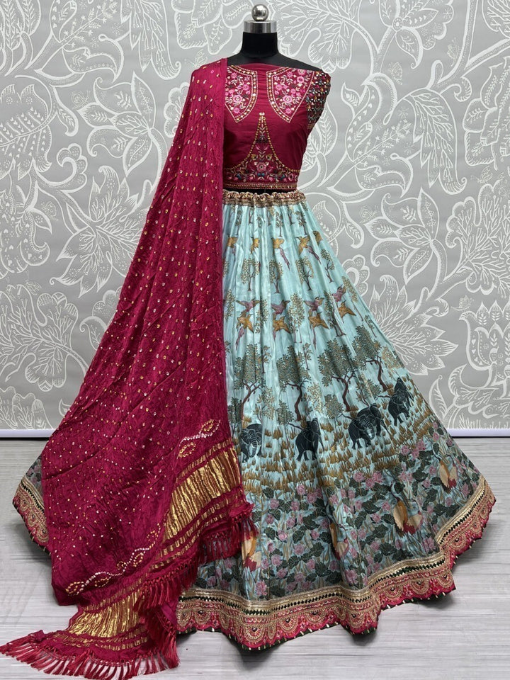 Bewitching Sky-Blue Digital Printed Silk Engagement Wear Lehenga Choli