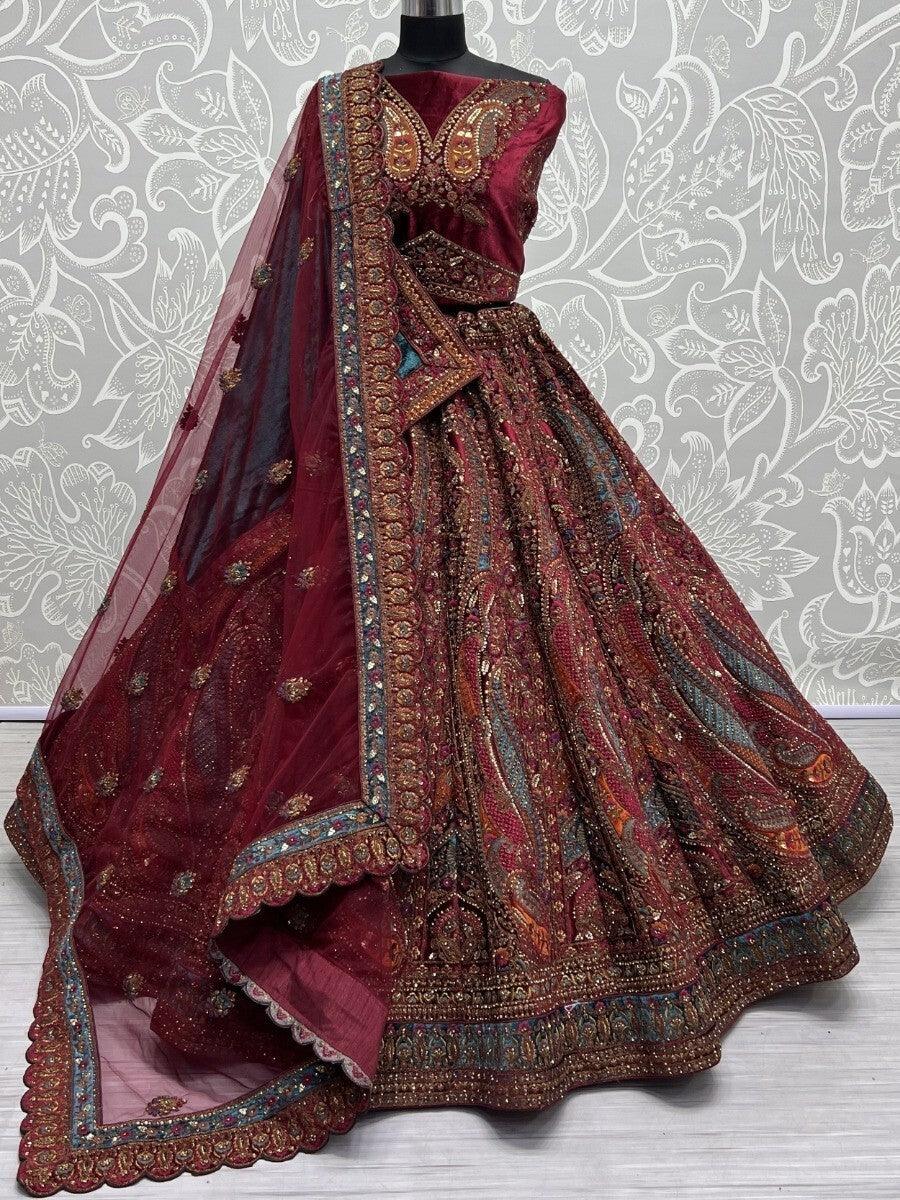 Lovely Maroon Embroidered Velvet Lehenga Choli With Double Dupatta