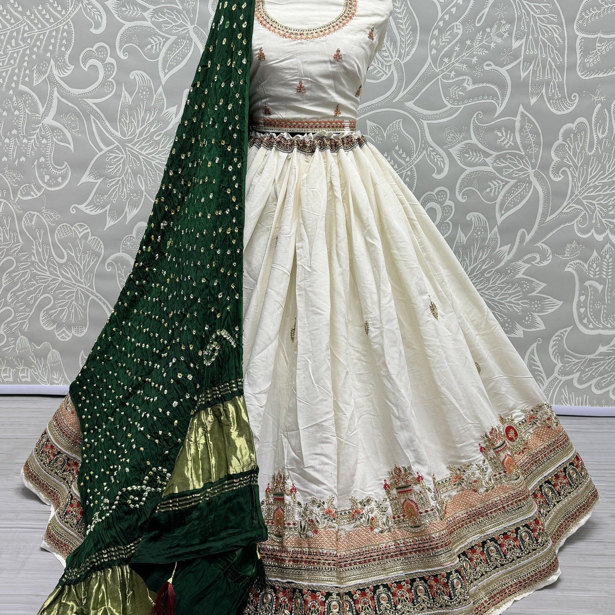 Spectacular White Thread-Work Silk Traditional Lehenga Choli