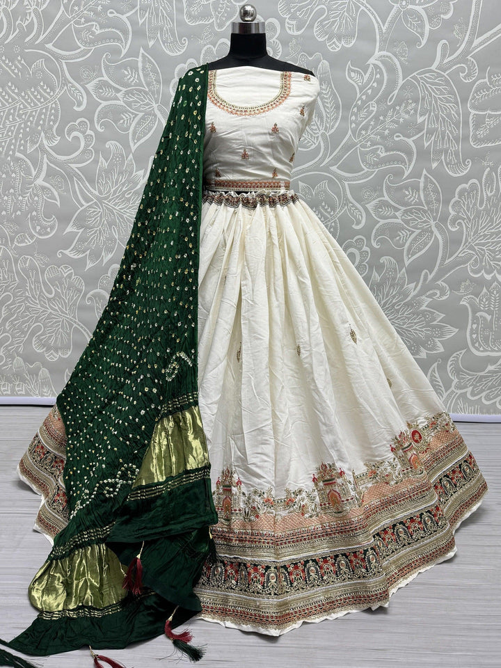 Spectacular White Thread-Work Silk Traditional Lehenga Choli