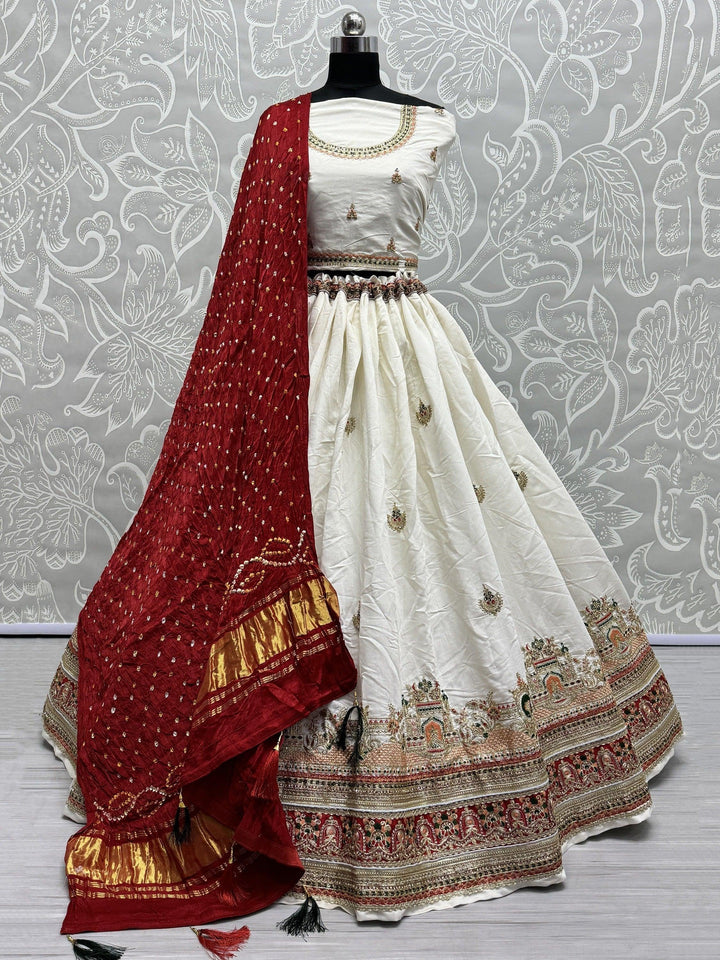 Astonishing White Thread-Work Silk Lehenga Choli With Dupatta