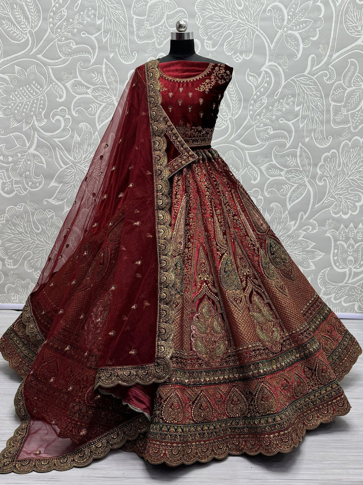 Awesome Maroon Dori Work Velvet Lehenga Choli With Double Dupatta
