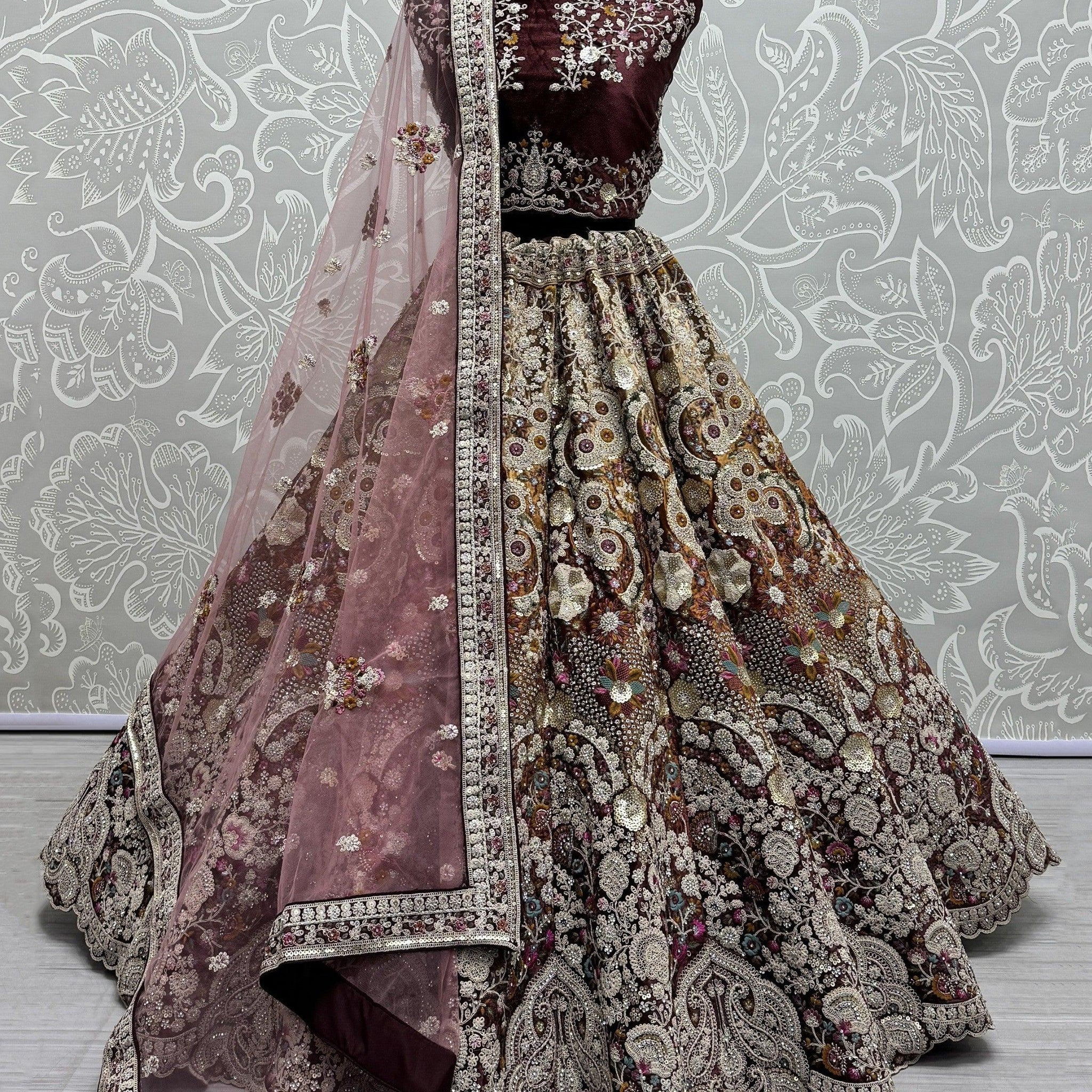 Trendy Maroon Dori Work Velvet Bridal Lehenga Choli With Dupatta