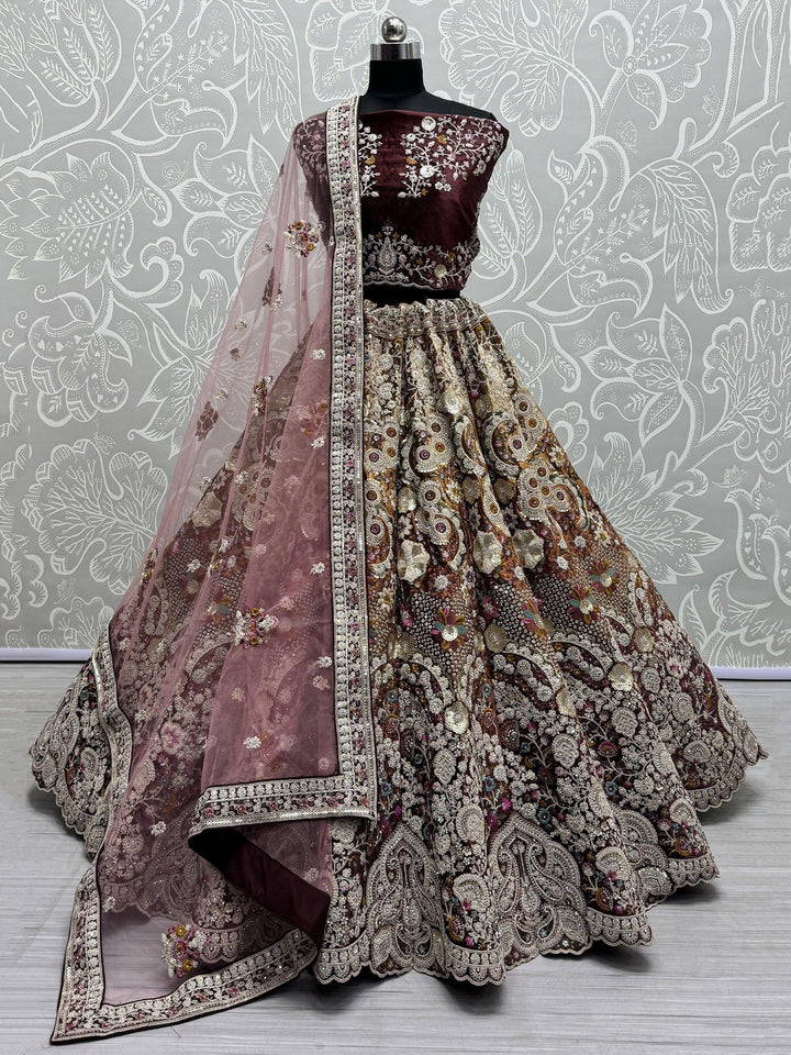 Trendy Maroon Dori Work Velvet Bridal Lehenga Choli With Dupatta