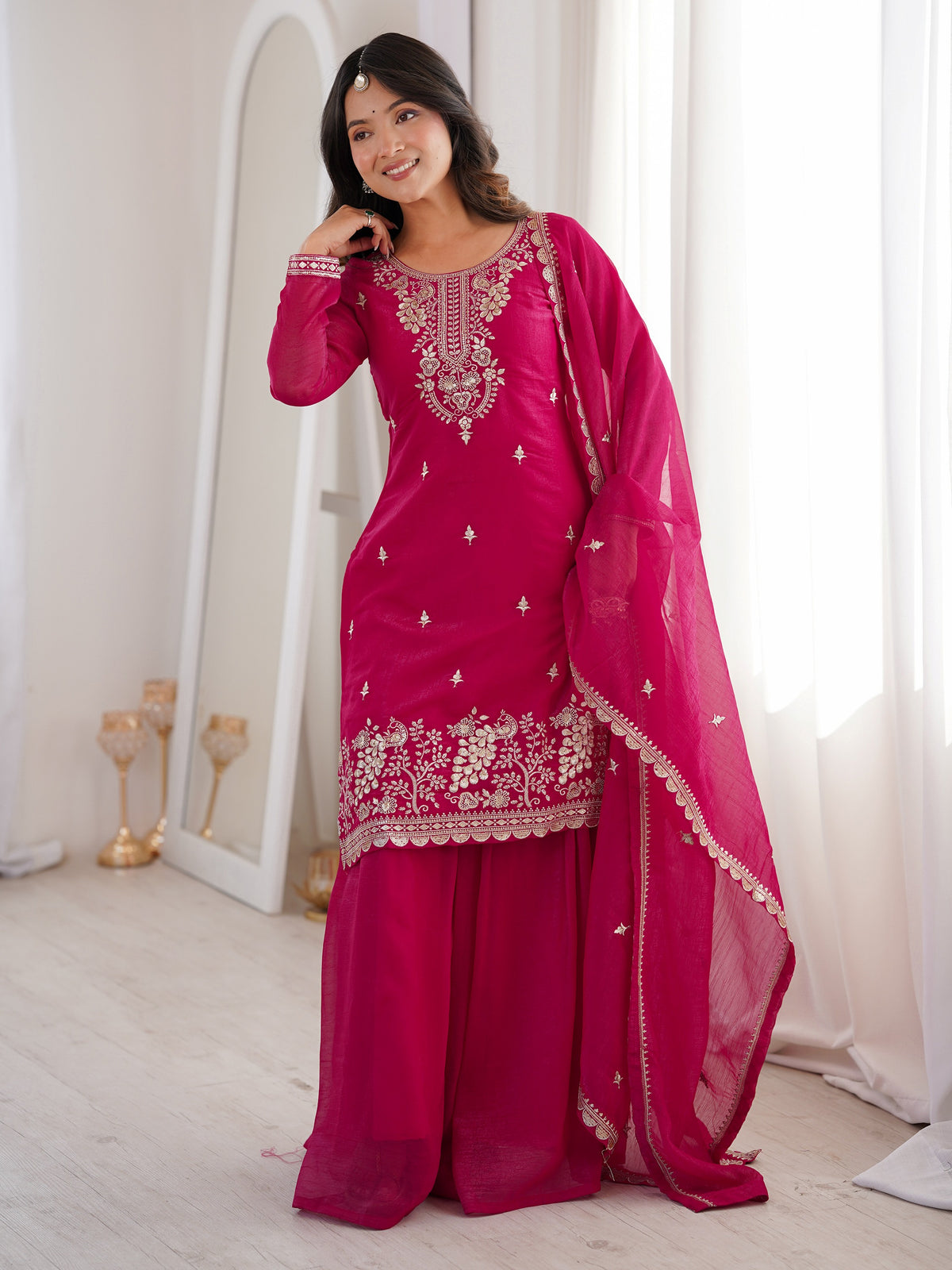 Gorgeous Rani Pink Embroidered Silk Wedding Wear Sharara Suit