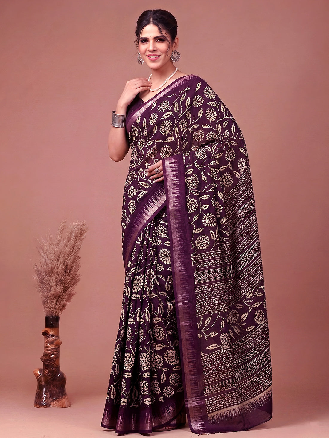 Fabulous Wine Floral Printed Silk Casual Wear Saree With Blouse