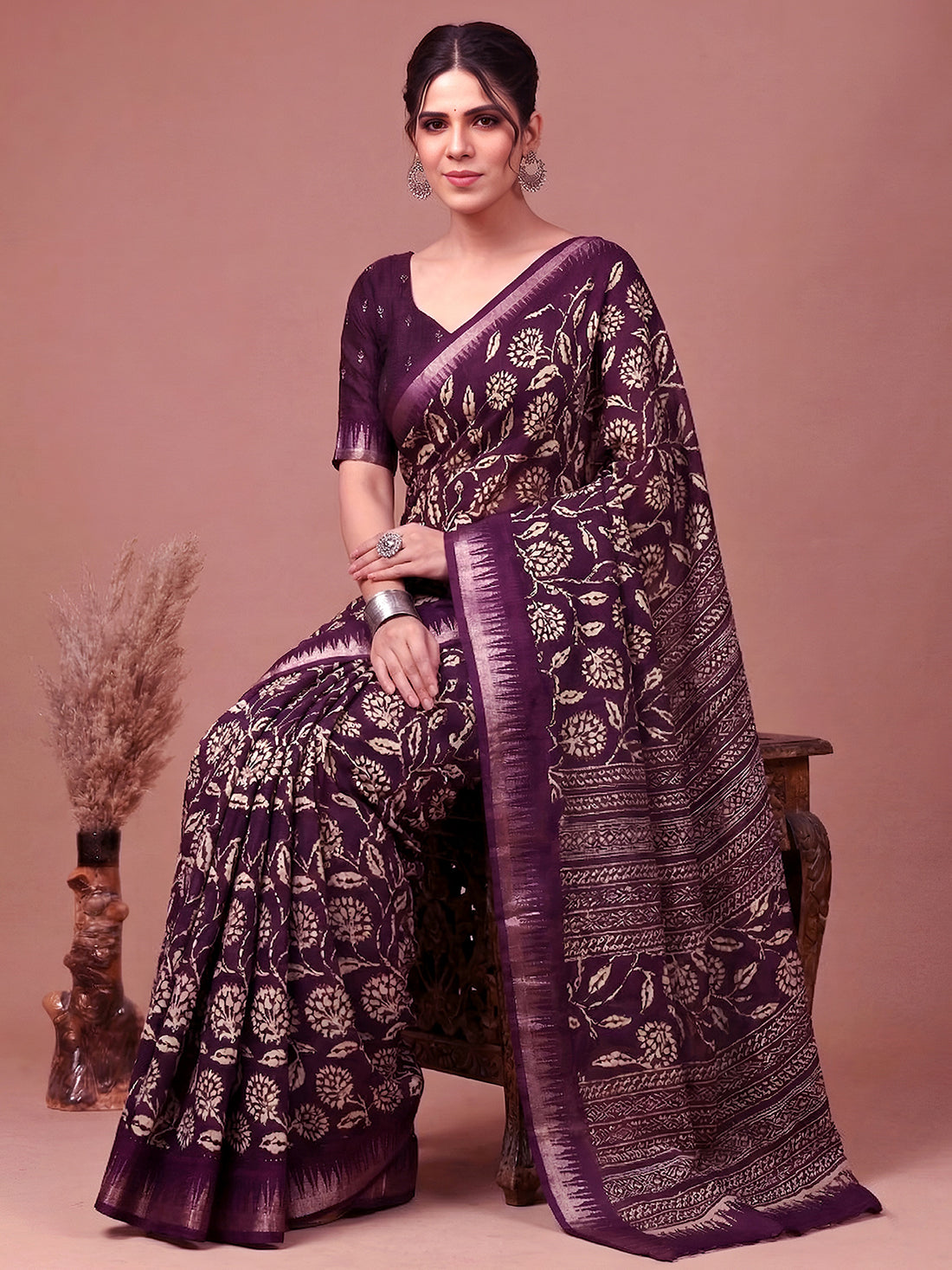 Fabulous Wine Floral Printed Silk Casual Wear Saree With Blouse