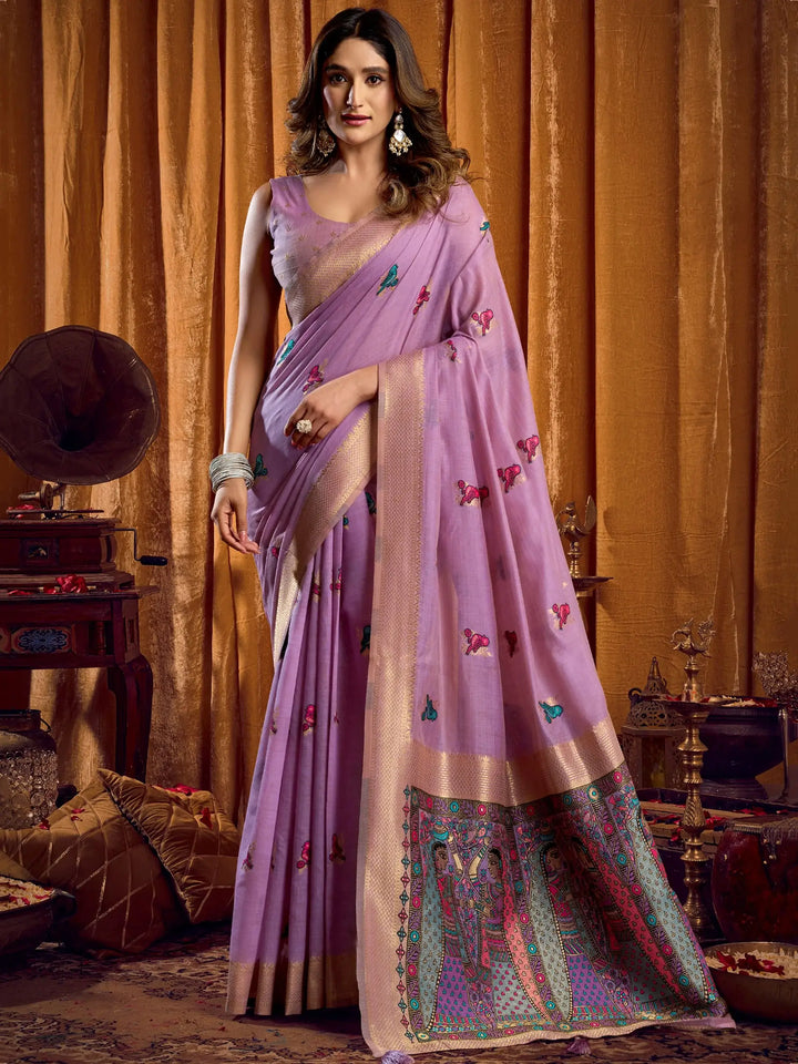 Amazing Lavender Khata Work Khadi Festive Wear Saree With Blouse
